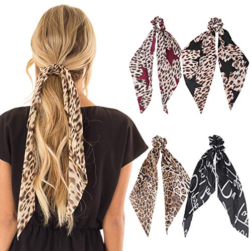 Chiffon Ponytail Hair Scarf Scrunchies - 4 Packs AWAYTR Flower Cashew Leopard Ripple Point Elastic Hair Ties Bow for Women
