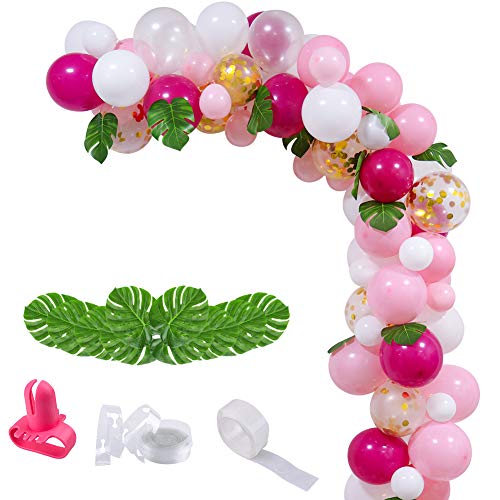 Tropical Flamingo Balloons Arch Garland Kit, Hawaiian Fiesta Hot Pink Confetti Balloons with 12Pcs Tropical Palm Leaves Decor for Summer Hawai Birthday Wedding Bachelorette Baby Shower Party Supplies