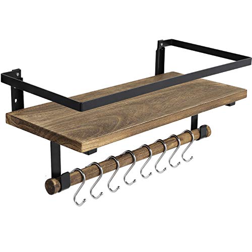BAYKA Floating Shelves for Coffee Bar Accessories, Wood Wall Mounted Rustic Floating Shelves for Home Storage, Over The Toilet Hanging Shelf with Hooks and Towel Bar