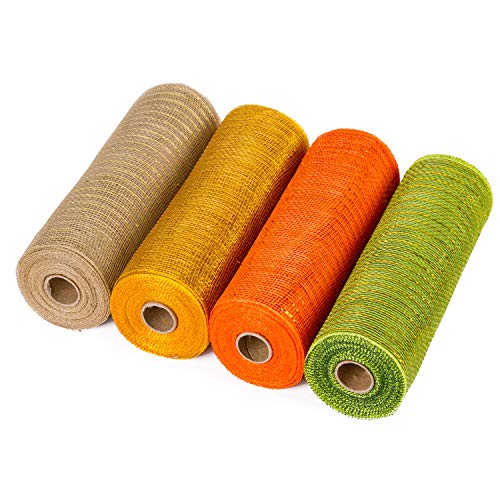 LaRibbons Deco Poly Mesh Ribbon - 10 inch x 30 feet Each Roll - Metallic Foil Orange/Gold/Cream/Green Set for Wreaths, Swags and Decorating - 4 Pack