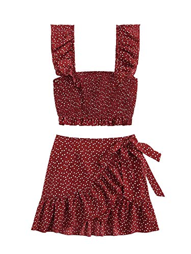 MAKEMECHIC Women's Two Piece Ruffle Trim Cami Crop Top and Wrap Skirt Set