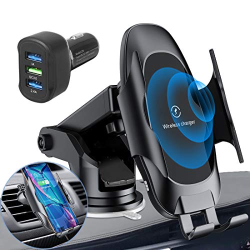 Homder Automatic Clamping Wireless Car Charger Mount,10W/7.5W Qi Fast Car Charging,Dashboard Air Vent Phone Holder with QC 3.0 Fast Charger,Compatible with Samsung S10/S9/Note 9,iPhone8/Max/X/XR