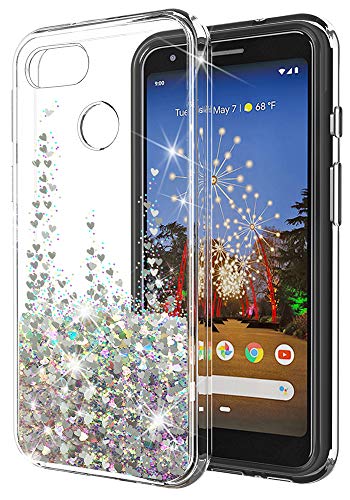 Google Pixel 3a XL Case SunStory Luxury Fashion Design with Moving Shiny Quicksand Glitter and Double Protection with PC Layer and TPU Bumper Case for Google Pixel 3a XL (Silver)
