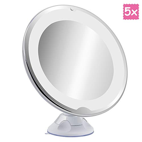 FORUP 5X Magnifying Makeup Mirror With Lights, LED Lighted Vanity Makeup Mirror, Warm LED Tap Light Bathroom Mirror, 360 Degree Swivel Rotation and Locking Suction