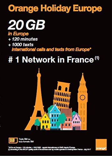 Orange Holiday Europe New Package - 20GB Internet Data in 4G/LTE + 120 mn + 1000 Texts in 30 Countries in Europe