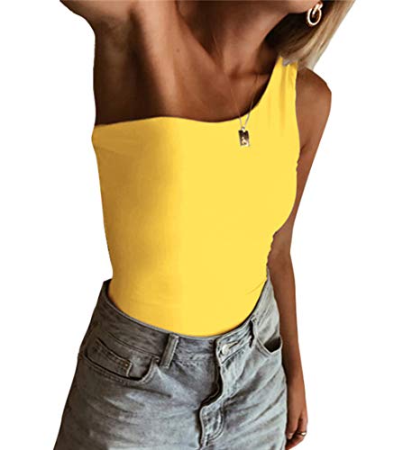 PALINDA Women's Sexy One Shoulder Solid Sleeveless Bodysuit Stretchy Leotard Top