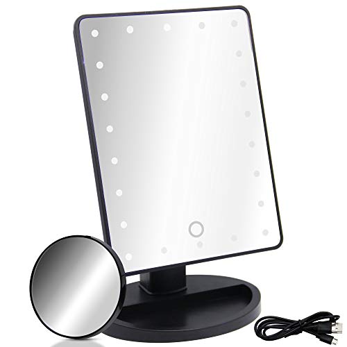 FORUP LED Lighted Makeup Mirror, 22 Led Vanity Cosmetic Mirror, Detachable 10x Magnification Spot Mirror, Dual Power Supply, 360 Degree Rotation, Color Boxed, Black (Battery Not Included)