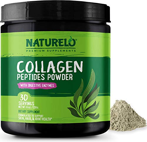 NATURELO Collagen Peptides Powder - Supplement for Skin, Hair, Joint Health - Organic Spirulina - 14 Amino Acids - Grass Fed - Hydrolyzed - Digestive Enzymes for Better Absorption - 30 Servings