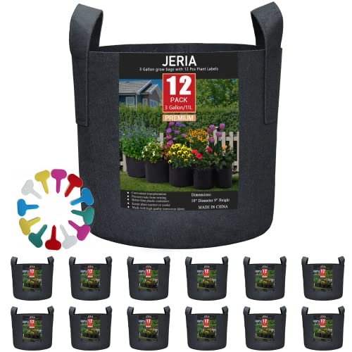 JERIA 12-Pack 3 Gallon, Vegetable/Flower/Plant Grow Bags, Aeration Fabric Pots with Handles (Black) ï¼ŒCome with 12 Pcs Plant Labels