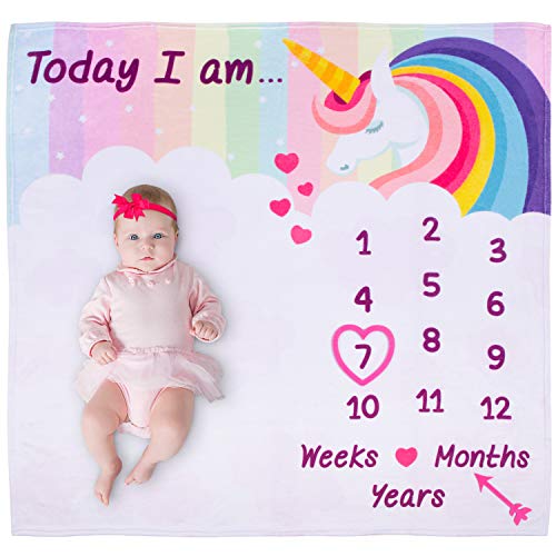 Kiddy Bliss Baby Monthly Milestone Blanket Girl - Large Monthly Milestone Blanket for Baby Girl, Baby Age Blanket, Milestone Unicorn Blanket are Great for Newborn Girl, Include Props and Headband