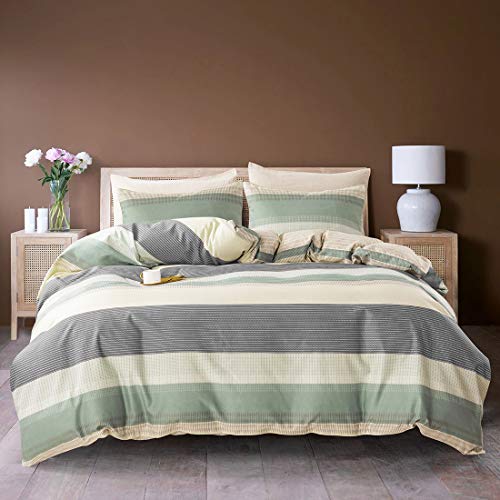 Book Cover Fluffy Cat 3 Pieces Duvet Cover Set,Exquisite Colourful Printed Striped with Hidden Zipper Closure & Corner Ties Queen Gray&mint Green