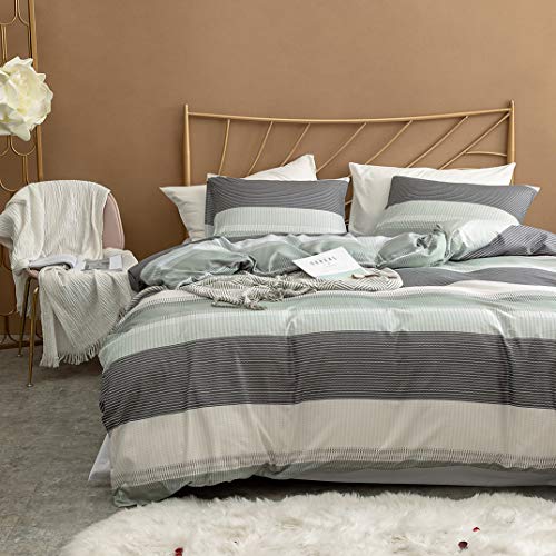 Fluffy Cat 3 Pieces Duvet Cover Set,Exquisite Colourful Printed Striped with Hidden Zipper Closure & Corner Ties Queen Gray&mint Green