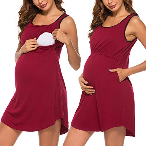 FINWANLO Women's Maternity Dress Sleeveless Nursing Nightgown Breastfeeding Nightshirt Sleepwear with Pocket