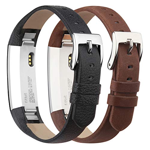iGK Genuine Leather Replacement Compatible for Fitbit Alta Band and Fitbit Alta HR Bands, Leather Wristbands Straps for Women Men 2Packs Black and Coffee Brown