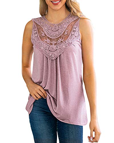 KIRUNDO 2019 Summer Women's Lace-Paneled Tops Mesh Crochet Hollow Out Sleeveless Flowy Tank Blouse