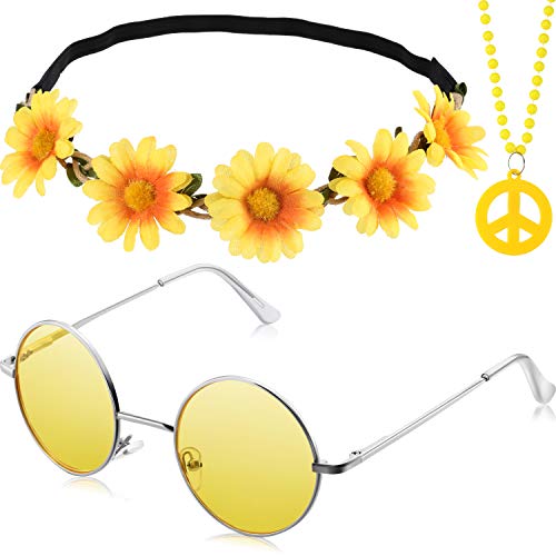 3 Pieces Hippie Costume Party Accessories Set includes Peace Sign Bead Necklace, Flower Crown Headband, Hippie Sunglasses for Adults Kids