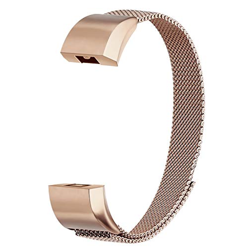Book Cover POY Compatible for Fitbit Alta Bands, Stainless Steel Metal Replacement Bracelet Strap with Unique Magnet Lock for Fitbit Alta and Fitbit Alta HR Rose Gold Small