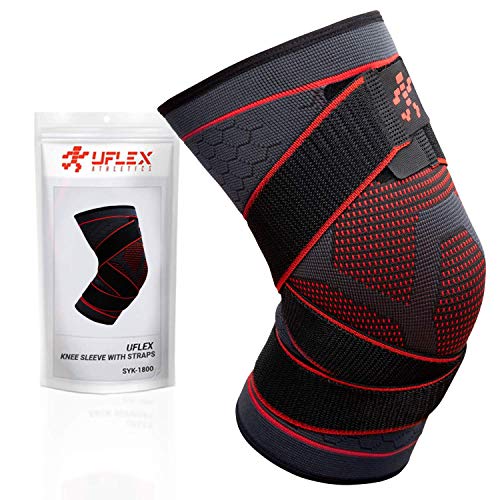 UFlex Athletics Knee Compression Brace for Men and Women - Non Slip Sleeve with Straps for Pain Relief, Meniscus Tear, Sports Safety in Basketball, Tennis - Single Wrap (Medium)