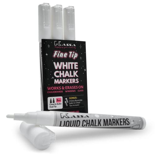 Kassa White Chalk Markers (4 Pack) Liquid Chalkboard Pens, Fine Tip: Erasable for Blackboard, Windows, Glass; Non-Toxic Washable Chalk Board Paint Marker Pens with Reversible Dual Tip (Bullet, Chisel)