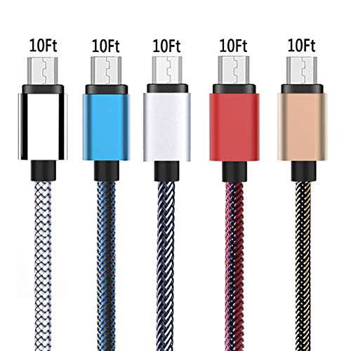 Book Cover Micro USB Cables 5Pack 10FT Nylon Braided Data Sync Charger Cord High Speed Fast Charger for Android Samsung HTC Motorola LG Sony Tablets with Micro Port(Blue Gold White Red Silver)