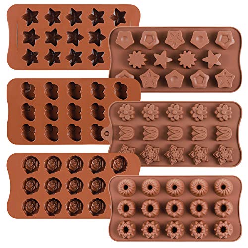6 Pack Flower Heart and Star Shape Silicone Molds Chocolate Candy Mold, Danzig Silicone Mold for Wedding,Festival, Parties, DIY Enthusiasts-15 Cavity