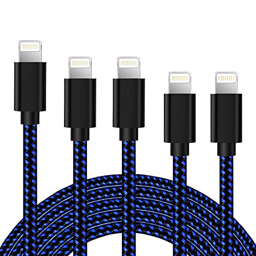 iPhone Charger Cable Lightning Charging Cable Nylon Braided 5 Pack 3FT/6FT/10FT Durable Long USB Cord Fast iPhone Cable Compatible iPhone XS/Max/XR/X/8P/8/7P/7/6S/iPad/iPod/IOS (Black & Blue) …