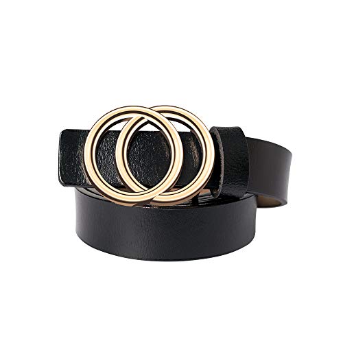 YUEA Adjustable Girl 7/8" Width Vintage Leather Belt with Double O Ring Buckle Large, Black, Waist 40-44"Inch(120cm)