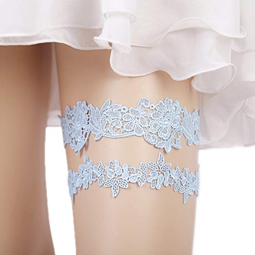 Lace Garter Set Wedding Garter Belt Flower Floral Design Garter for Bride, Light Blue, M(18.0"-20.5")