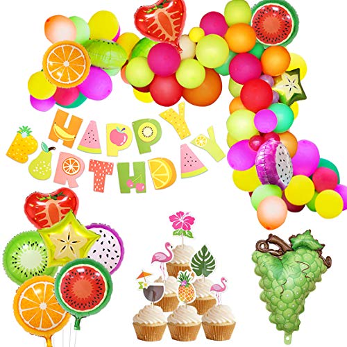 Tutti Frutti Party Decorations Fruit Balloon Arch Garland Kit Fruity Birthday Baby Shower Decorations Happy Birthday Banner for Summer Tropical Luau Theme Party Supplies