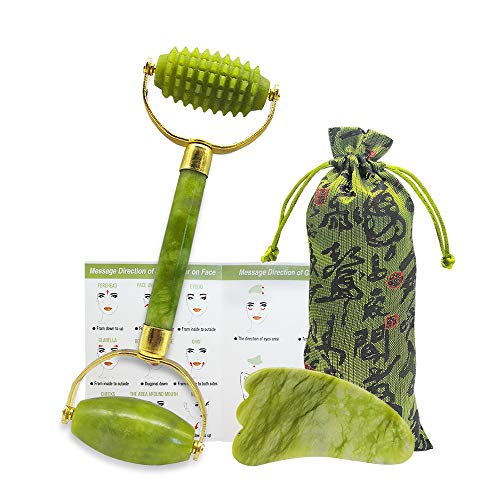Ziranling Jade Roller for Face, Gua Sha Scraping Massage Tool Set -100% Real Natural Jade Roller- Acupuncture Anti Aging Firming Skin Facial Roller, Face Massager - for Face, Eye, Neck and Forehead