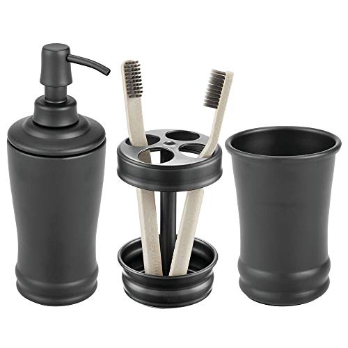 mDesign Metal Bathroom Vanity Countertop Accessory Set - Includes Refillable Soap Dispenser, Divided Toothbrush Stand, Tumbler Rinsing Cup - 3 Pieces - Matte Black