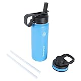 ThermoFlask Bottle with Chug Lid & Straw Lid - Insulated Stainless Steel Water Bottle with Leak-Proof Lids - Dishwasher-Safe Reusable Bottle & Lids - Durable Bottle, 2 Straws & 2 Lids - 18 oz, Capri