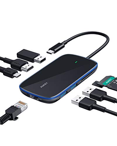USB C Hub AUKEY 8 in 1 Aluminum-Glass Type C Hub with Ethernet Port,4K USB C to HDMI, 3 USB 3.0 Ports, 100W USB C PD Charging, SD/TF for MacBook, Chromebook and Other USB C Laptops