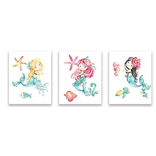 Book Cover Mermaid Cartoon Art Print Fish Wall Picture Turtle Poster Seaweed Painting For Girls Bedroom Decor Set of 3 Unframed 8x10 Inch