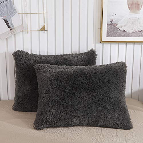 XeGe Faux Fur Throw Pillow Cases Plush Shaggy Ultra Soft Pillow Cover Fluffy Crystal Velvet Decorative Pillowcases Zipper Closureï¼ŒSet of 2(King, Dark Gray)