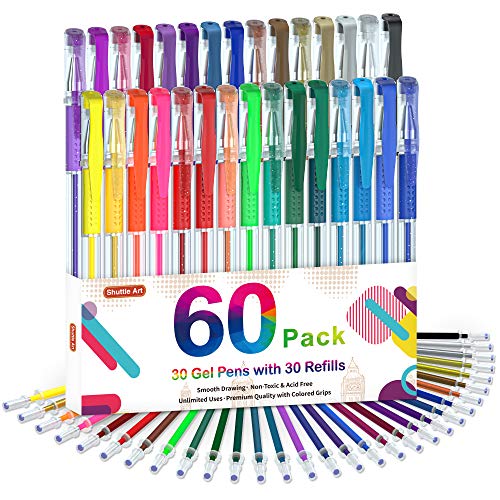 Gel Pens, 60 Pack Gel Pen Set 30 Colored Gel Pen with 30 Refills for Adults Coloring Books Drawing Doodling Crafts Scrapbooking Journaling