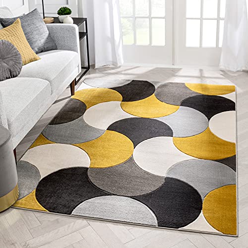 Well Woven Hilda Gold Modern Geometric Circles & Boxes Pattern Area Rug 5x7 (5'3" x 7'3")