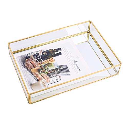 Sooyee Gold Tray Mirror, Rectangle Mirror Tray can Hold Perfume, Jewelry, Cosmetics, Makeup, Magazine and More,Decorative Tray for Vanity,Dresser,Bathroom,Bedroom(12”x8”)