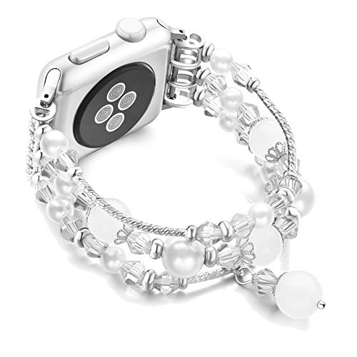 JuQBanke Compatible for Apple Watch Band 38mm 40mm, Jewelry Fashion Stretch Crystal Pearl Bracelet Replacement Womens Strap, Compatible for iWatch Series 5/4/3/2/1(Silver White, S/M)