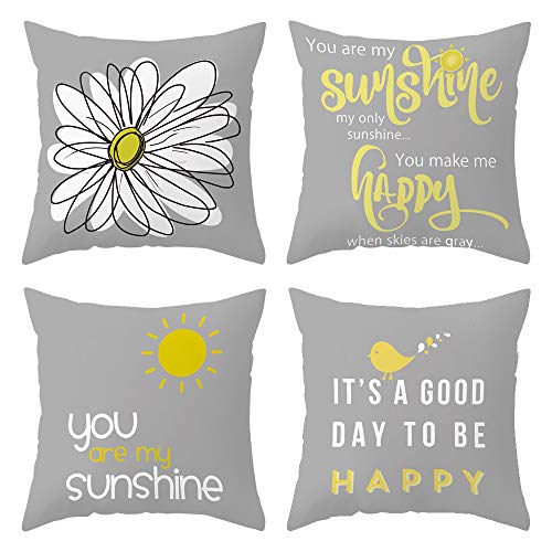 Book Cover DUSEN Decorative Cute Throw Pillow Covers for Couch, Sofa, or Bed Set of 4 18 x 18 inch Quote Words and Bird Sunshine Flower Cusion Cover (Grey Bird Sunshine Flower)