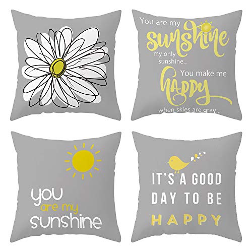 DUSEN Decorative Cute Throw Pillow Covers for Couch, Sofa, or Bed Set of 4 18 x 18 inch Quote Words and Bird Sunshine Flower Cusion Cover (Grey Bird Sunshine Flower)