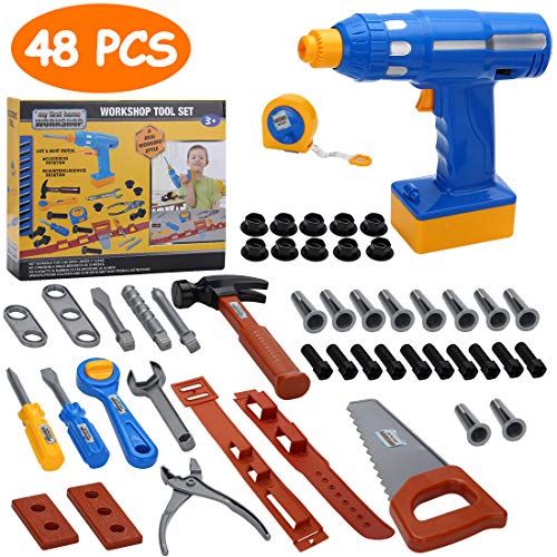 Pakoo Kids Tool Set Toddle Toys 48 PCS,Educational Pretend Play Children Toys,Toy Construction Tools with Battery Operated Cordless Drill,Tape Measure, Screwdriver, Toy Hammer, Nuts and Bolts