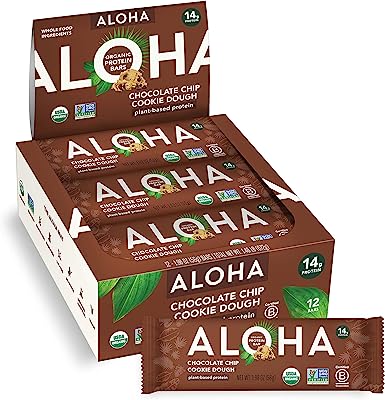 ALOHA Organic Plant Based Protein Bars |Chocolate Chip Cookie Dough | 12 Count, 1.9oz Bars | Vegan Snacks, Low Sugar, Gluten Free, Low Carb, Paleo, Non-GMO, Stevia Free, No Sugar Alcohols