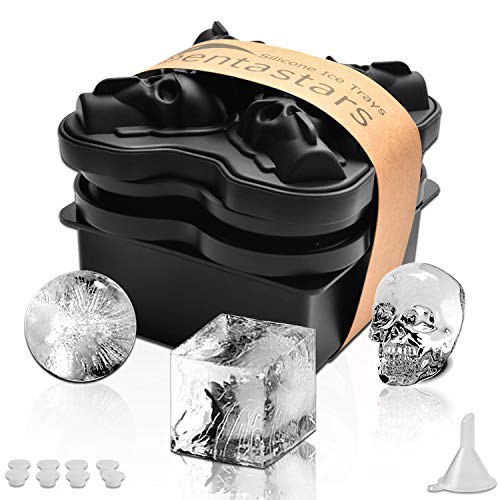 Ice Cube Trays Silicone with Lids, Penta Stars Whiskey Ice Ball Maker, 3 Pack Combo Ice Ball Mold & Skull Ice Mold & Large Square Ice Cube Mold, BPA - Free, Free 8 Silicone Stopper and 1 Funnel