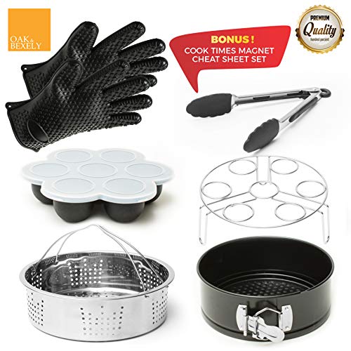 Accessories Set for Instant Pot Cooker - Accessory Fits 5-6 - 8 Qt - Steamer Basket - Cake Pan - Silicone Gloves - Egg Bites Mold - Tong - Cook Times Magnetic Cheat Sheet