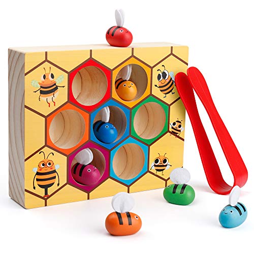 Book Cover Coogam Toddler Fine Motor Skill Toy, Clamp Bee to Hive Matching Game, Montessori Wooden Color Sorting Puzzle, Early Learning Preschool Educational Gift Toy for 2 3 4 Years Old Kids