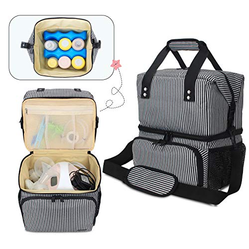 Luxja Breast Pump Bag with 2 Compartments for Breast Pump and Cooler Bag, Leakproof Pumping Bag for Working Mothers (Fits Most Major Breast Pump), Stripe