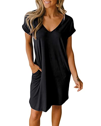 BTFBM Women V-Neck Short Sleeve Summer Dresses 2023 Spring Casual Loose T-Shirt Tunic Short Dress Pajamas with Pockets