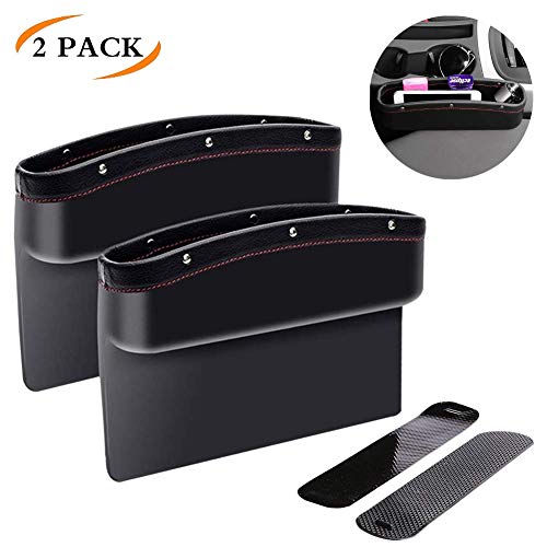 Car Seat Pockets, PU Leather Car Console Side Organizer Seat Gap Filler Catch Caddy with Non-Slip Mat 9.2x6.5x2.1 inch Black（2 Pack）