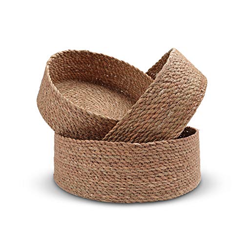 Woven Round Seagrass Basket Set - 3 Decorative Storage Baskets for Organizing and Storage - Sustainable, Eco-Friendly Nesting Baskets with Cotton Dust Bag for Coastal and Beach Decor